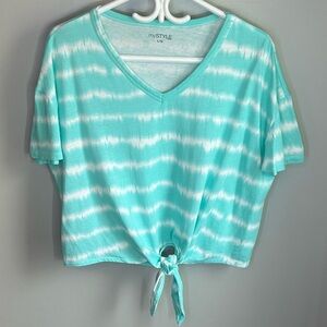 MyStyle Tie Dye Striped Cropped Short Sleeve V Neck Knot Front T Shirt Size L